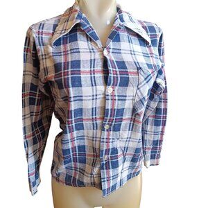 XS Vintage 70's Blue Top Plaid Buttery Flannel Button-Up Shirt Distress Repairs